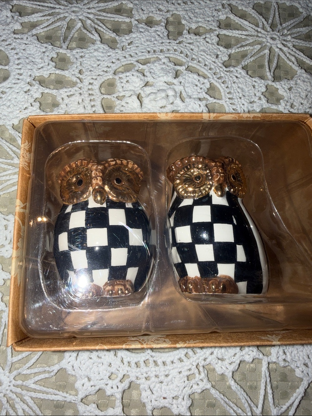 Mackenzie-ChildsOwl Salt and Pepper Shaker Set - Black & White with Gold Accents